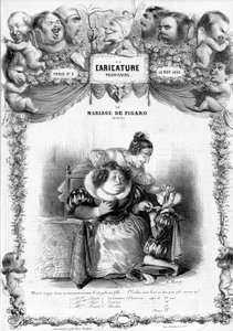 Las bodas de Fígaro, Acto 11, con los personajes de Susana y la condesa Almaviva: "_ pero mira este moco qué bonito como niña... ¿no serás bonita así?" ilustración, 1838 de Benjamin Roubaud