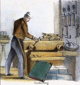 El encuadernador, de El niño, la vaca y el ternero en Ilustraciones gráficas de animales - Mostrando su utilidad para el hombre en su empleo durante la vida y usos después de la muerte, c.1845