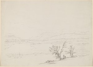 Un Paisaje Alpino con una Pareja Sentada junto a Árboles con Vista a un Valle de Benjamin West