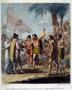 Un cacique indio de la isla de Cuba recibe a Cristóbal Colón y representantes europeos