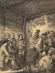 Los Indios Dando una Charla al Coronel Bouquet en una conferencia en un Fuego de Consejo Cerca de su Campamento en las Orillas de Muskingum en América, en Octubre de 1764, 1765