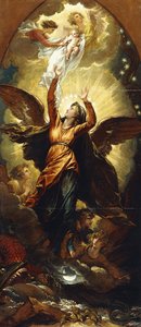 La mujer vestida con el sol huye de la persecución del dragón de Benjamin West