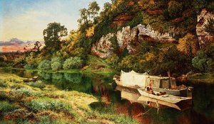 Un paisaje fluvial con un pescador haciendo trampas para anguilas de Benjamin Williams Leader
