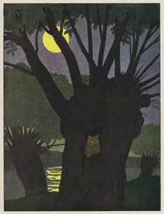 Búho en un agujero en un árbol en una noche de luna de Benjamin Rabier