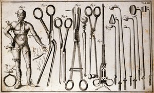 Diferentes tipos de fórceps e instrumentos quirúrgicos. Un hombre con diferentes tipos de torniquetes y vendajes. Placa de cirugía ilustrada por Benoist Louis Prevost (1735-1809). Siglo XVIII de Benoit Louis Prevost