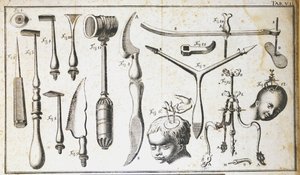 Tabla quirúrgica que representa diferentes tipos de instrumentos quirúrgicos, martillo, vieira, cuchillos, para la extracción del cerebro. Grabado por Benoit Louis Prevost (1735-1809) siglo XVIII