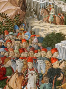 Rostros en la procesión, incluyendo un autorretrato de Gozzoli (con un gorro rojo con la inscripción dorada: Opus Benotii), detalle del ciclo del Viaje de los Magos en la capilla, c.1460 de Benozzo di Lese di Sandro Gozzoli