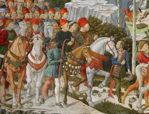 Galeazzo Maria Sforza, Duque de Milán (1444-76), extremo izquierdo, en un caballo marrón y Sigismondo Pandolfo Malatesta, gobernante de Rímini (1417-68) a su lado en un caballo gris (detalle) de Benozzo di Lese di Sandro Gozzoli