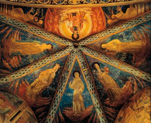 Italia, Montefalco, Bóveda del Ábside de la Iglesia de San Francisco pintada con santos de Benozzo di Lese di Sandro Gozzoli