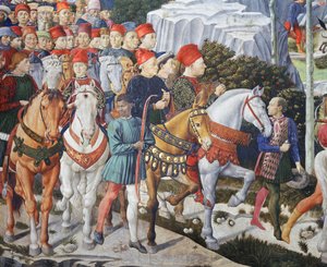 Piero de Médicis (sobre una mula), Cosme de Médicis (en el centro) y el duque Salviati (a caballo), detalle del ciclo del Viaje de los Reyes Magos en la capilla, hacia 1460 (fresco). de Benozzo di Lese di Sandro Gozzoli