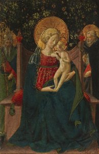 Virgen y Niño en el trono entre San Domingo y un Santo Papal, 1430-35 de Benozzo di Lese di Sandro Gozzoli