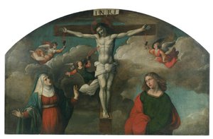 Crucifixión con la Virgen y San Juan Bautista de Benvenuto Tisi da Garofalo