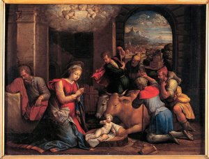 La adoración de los pastores - Pintura de Benvenuto Tisi da Garofalo (Il Garolafo) (1481-1559), óleo sobre tabla, 41,5x55 cm de Benvenuto Tisi da Garofalo