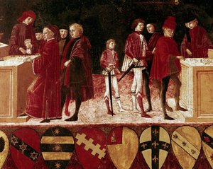 Alegoría de las finanzas del Estado en tiempos de guerra y de paz. Detalle. Siglo XV (Pintura en madera) de Benvenuto di Giovanni