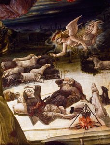 Un ángel y pastores, detalle del retablo de la Natividad, de Benvenuto di Giovanni (1436-ca 1518), pintura sobre madera.