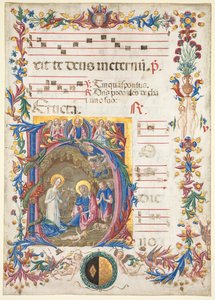 Hoja única de un antifonario: Inicial H[odie nobis] con La Natividad de Benvenuto di Giovanni