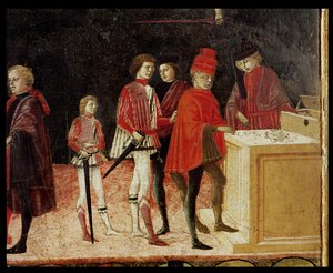 Las Finanzas del Consejo en Tiempos de Guerra y Paz, detalle de soldados mercenarios recibiendo su paga (detalle) de Benvenuto di Giovanni