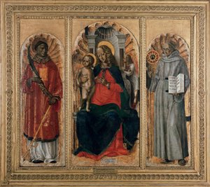 Tríptico, Virgen con niño con San Leonardo (o Esteban) y San Bernardino de Siena de Bernadino Jacobi Butinone