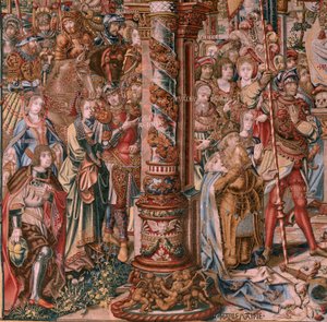 Tapiz flamenco. Serie Los Honores. Fe (La Fe). Primer tapiz de la serie. Dibujantes modelo del círculo de Bernard van Orley y Jan Gossaert (Mabuse). Fabricación Pieter van Aelst, Bruselas. Ca 1550. Tejido Oro, plata, seda y lana. de Bernaert van (circle of) Orley