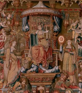 Tapiz flamenco. Serie Los Honores. Fe (La Fe). Primer tapiz de la serie. Dibujantes modelo del círculo de Bernard van Orley y Jan Gossaert (Mabuse). Fabricación Pieter van Aelst, Bruselas. Ca 1550. Tejido Oro, plata, seda y lana. de Bernaert van (circle of) Orley