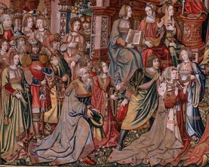 Tapiz flamenco. Serie Los Honores. Justicia (La Justicia, Los Honores). Noveno tapiz de la serie. Dibujantes modelo del círculo de Bernard van Orley y Jan Gossaert (Mabuse). Fabricación Pieter van Aelst, Bruselas. Ca 1550. Tela Oro, plata, de Bernaert van (circle of) Orley