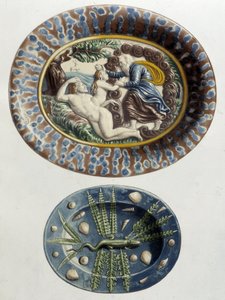 Dios crea a Eva del muslo de Adán; Lagarto - Platos de cerámica, en "The work of Bernard Palissy" de C. Delange y C. Borneman, París de Bernard (after) Palissy