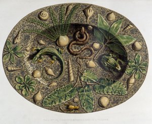 Plato a reptiles - Plat cerámico, en "The work of Bernard Palissy" por C. Delange y C. Borneman, París de Bernard (after) Palissy