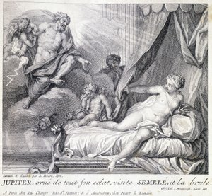 Júpiter (Zeus) quema a Semele con su rayo. Grabado del siglo XVIII según el dibujo de B. Picart realizado en 1708.