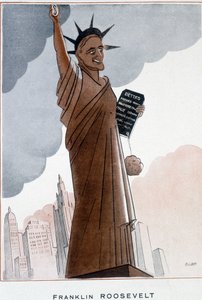 Caricatura de Franklin Roosevelt en la Estatua de la Libertad - Ilustración de Bernard Becan (Bernhard Kahn) (1890-1943) en “Fantasio” del 01/12/1932 de Bernard Becan