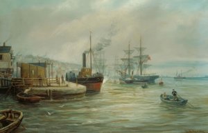 Un barco de vapor de paletas y otras embarcaciones