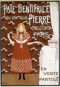 Publicidad de la pasta de dientes Dr. Pierre en la que aparece una chica en un cuarto de baño con un cepillo de dientes en la mano.
