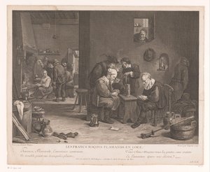 Inn interior con figuras de juego de cartas Les Francs Maçons Flamands en Loge (título sobre objeto) de Bernard François Lépicié