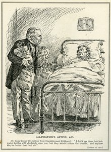 El Dr. Lloyd George propone curar a los enfermos de la epidemia de desempleo con cuatro bolsas de agua caliente: "Tasa de Seguro", "Obras de Socorro", "Préstamos" y "Créditos a la Exportación". de Bernard John Partridge