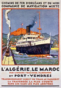 Cartel publicitario del ferrocarril francés que va a Argelia y Marruecos desde Francia vía Limoges Toulouse Narbona y Port Vendres c. 1900 de Bernard Lachevre
