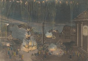 Una descripción perfecta del fuego artificial en Covent Garden que se realizó a cargo de..., 1809 de Bernard Lens