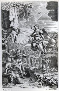 El arcángel Uriel informa a Gabriel que Satanás está en el Jardín del Edén, ilustración de 