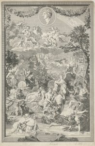 Portada alegórica con varias escenas de las metamorfosis de Ovidio y su retrato.