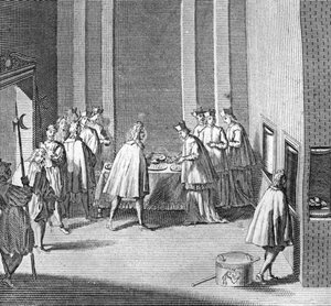 Diferentes etapas del cónclave, reunión de cardenales para la elección de un nuevo papa: elección del nuevo papa durante el cónclave en la capilla Sixtina, Vaticano: se revisa la comida durante el cónclave) Grabado de la “Ilustración de ceremonias religios de Bernard Picart