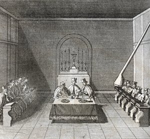 Diferentes etapas del cónclave, reunión de cardenales para la elección de un nuevo papa: la elección del nuevo papa durante el cónclave en la capilla Sixtina, Vaticano: papeletas de los cardenales para la elección del papa) Grabado de la “Ilustración de c de Bernard Picart