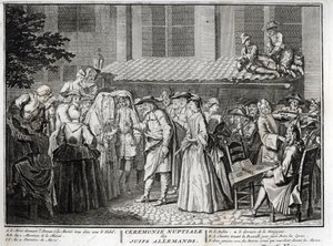 Boda judía en la comunidad judía alemana Grabado de la “Ilustración de ceremonias y costumbres religiosas de todos los pueblos del mundo” por Bernard Picart (1723-1743) 1819 Colección privada de Bernard Picart