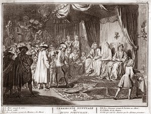 Boda judía en la comunidad judía portuguesa Grabado de la “Ilustración de ceremonias y costumbres religiosas de todos los pueblos del mundo” por Bernard Picart (1723-1743) 1819 Colección privada de Bernard Picart