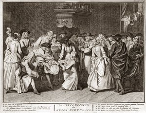 Judaísmo: ceremonia de circuncisión en la comunidad judía portuguesa Grabado de la “Ilustración de ceremonias y costumbres religiosas de todos los pueblos del mundo” por Bernard Picart (1723-1743) 1819 Colección privada de Bernard Picart
