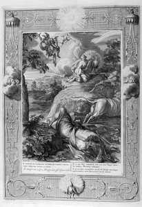 Io, la hija de Ínaco y amante de Zeus, fue convertida en una vaca (grabado) de Bernard Picart