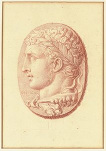 Uno de los cuatro estudios sobre camafeos, tres con retratos de perfil clásicos y uno con un relieve fragmentario de Cupido y dos leones dibujando un carro (tiza roja sobre papel). de Bernard Picart