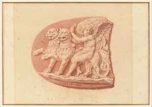 Uno de los cuatro estudios sobre camafeos, tres con retratos de perfil clásicos y uno con un relieve fragmentario de Cupido y dos leones dibujando un carro (tiza roja sobre papel).