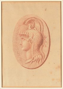 Uno de los cuatro estudios sobre camafeos, tres con retratos de perfil clásicos y uno con un relieve fragmentario de Cupido y dos leones dibujando un carro (tiza roja sobre papel). de Bernard Picart