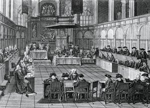 Sínodo protestante celebrado en 1730 en Nieuwe Kerk (Iglesia Nueva) en Ámsterdam, Países Bajos, grabado por Bernard Picart (1673-1733) de Bernard Picart