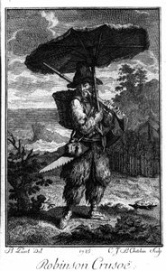 Representación de Robinson Crusoe en su isla desierta. Grabado de Bernard Picart (1673-1733) que ilustra la novela de Daniel Defoe o De Foe (1660-1731) de Bernard Picart