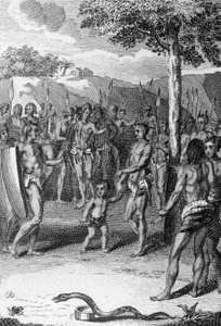 Ceremonia ritual, con serpiente en primer plano, Guinea, de Histoire Generale des Ceremonies, moeurs, et coutumes religieuses de tous les peuples du monde, por Antoine Banier (1673-1741) y Jean Baptiste Le Mascrier (1697-1760) de Bernard Picart