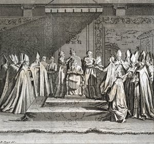 Inauguración solemne del pontificado “Representación de la coronación del papa” (inauguración papal: la coronación del papa) Grabado de la “Ilustración de ceremonias y costumbres religiosas de todos los pueblos del mundo” por Bernard Picart (1723-1743) de Bernard Picart